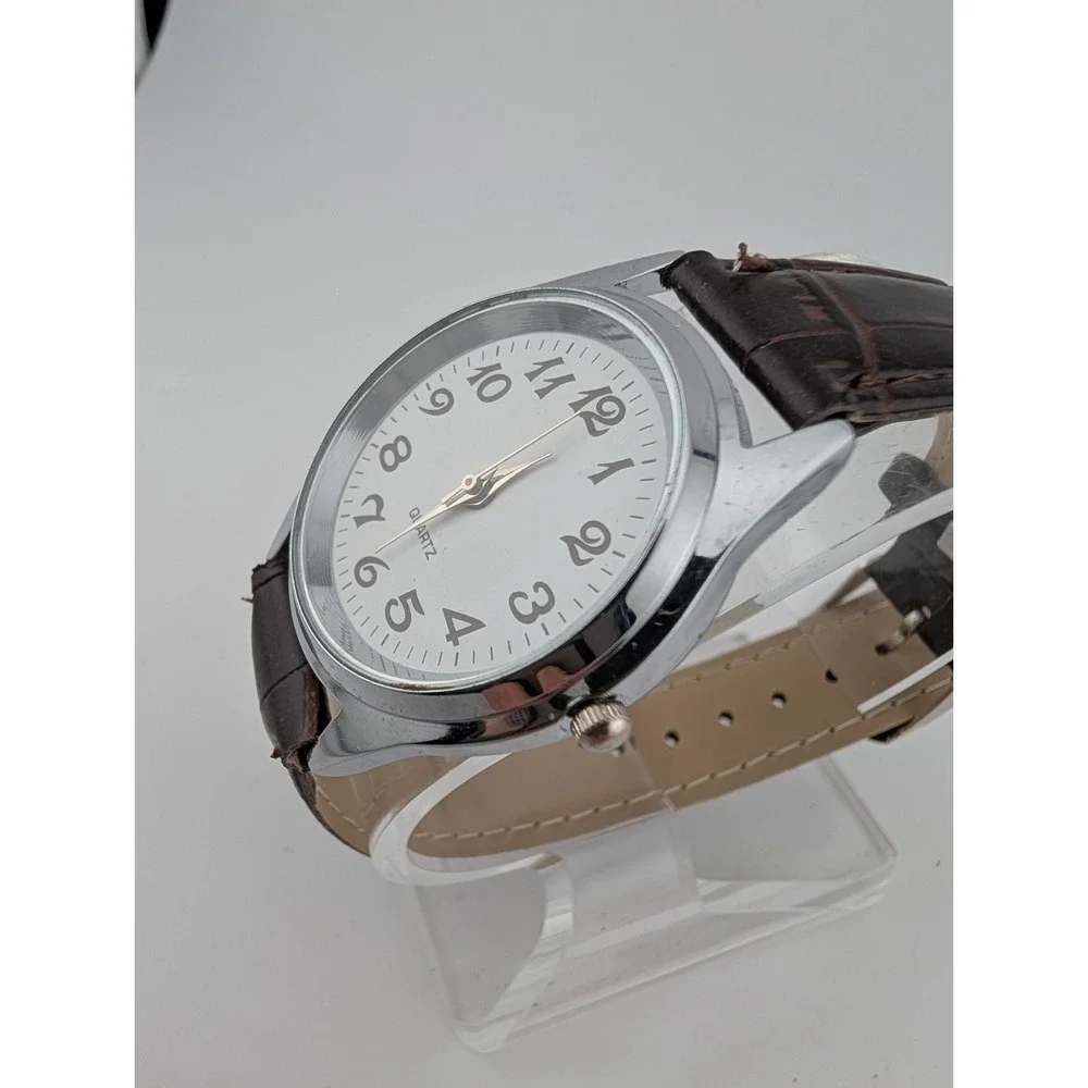 Unisex Quartz Watch Brown Faux Leather Band‎ 35mm Silver Case- New Battery